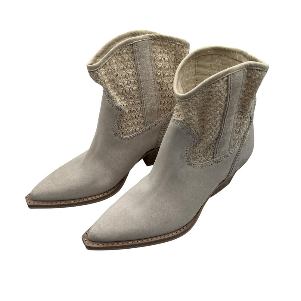 Dolce Vita Ivory Suede Crochet Western Cowboy Boho Pointed Toe Ankle Boots 6.5